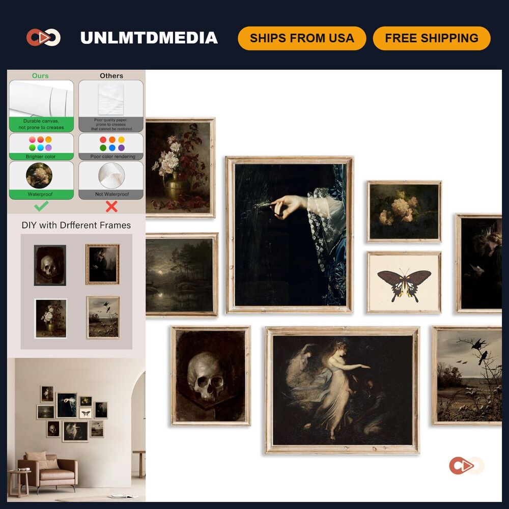 Dark Academia Wall Art Set - 9 Unframed Gothic Prints for Home Decor, Aesthetic